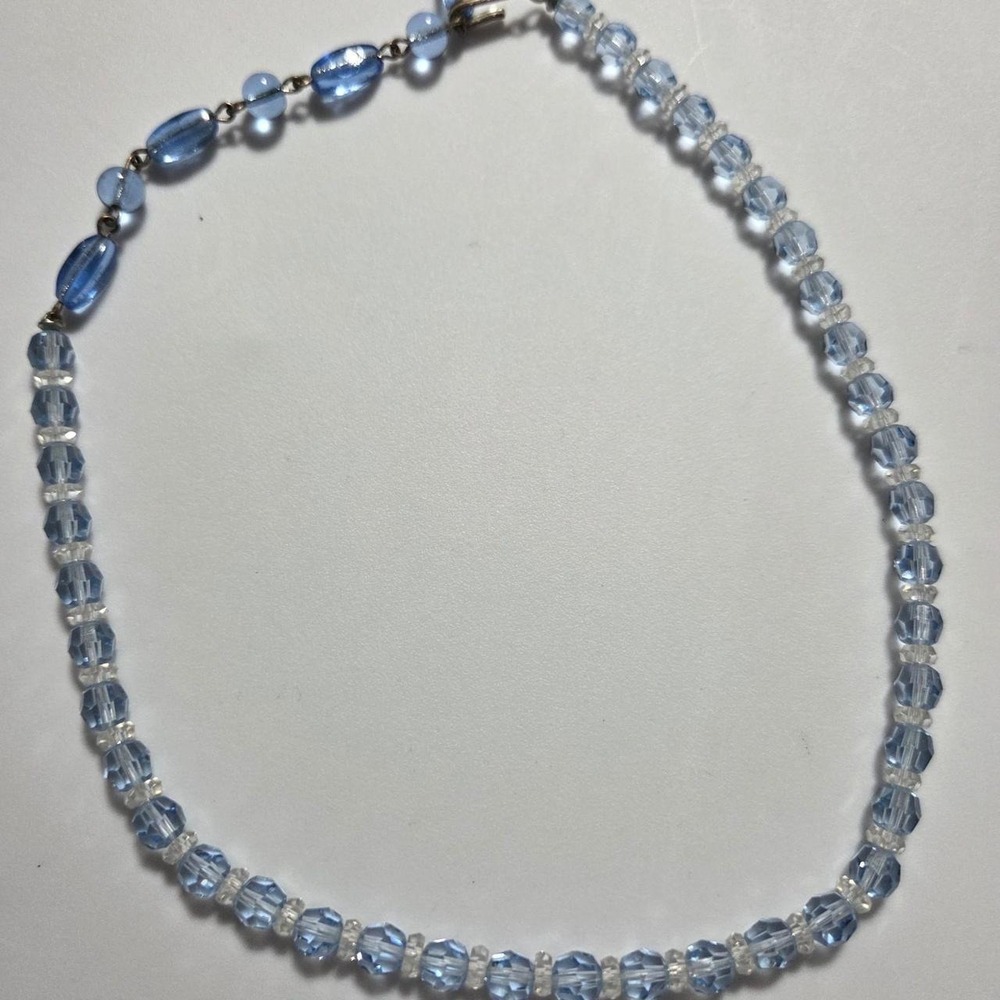 Vintage Light Blue Faceted Glass Bead Necklace 16" Silver Tone Choker